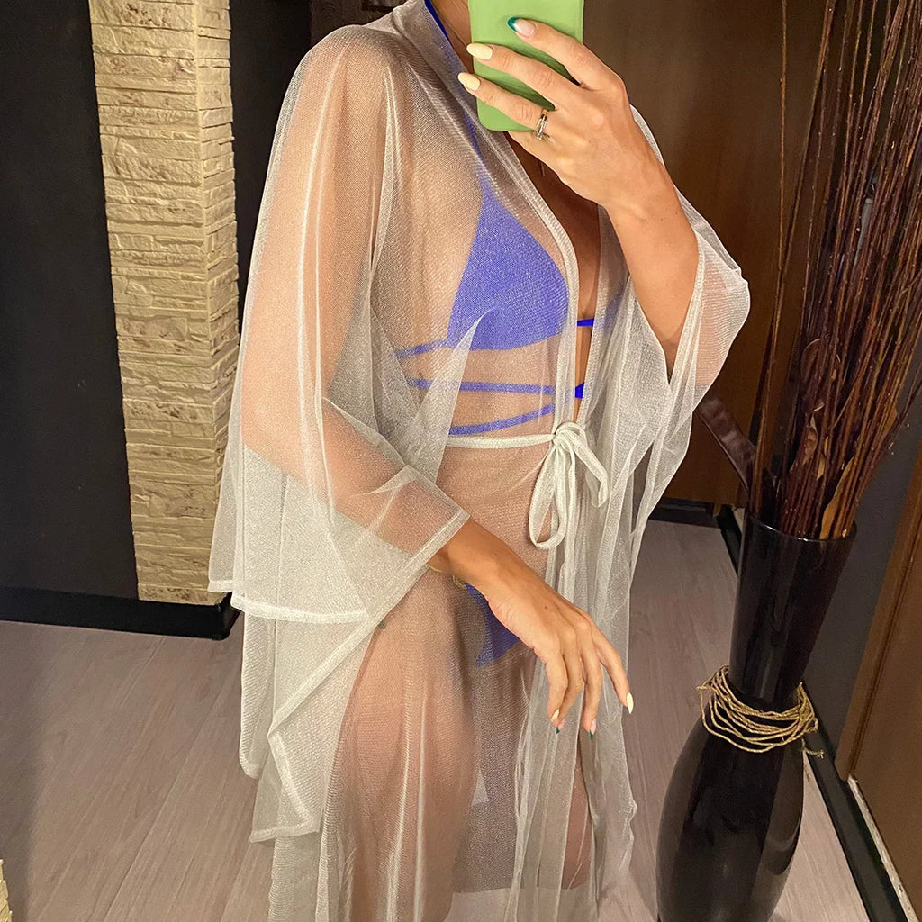 3 Colors Sexy Glitter Mesh Sheer See Through Tunic Beach Cover Up Cover-ups Beach Dress Beach Wear Beachwear Female Women V3217