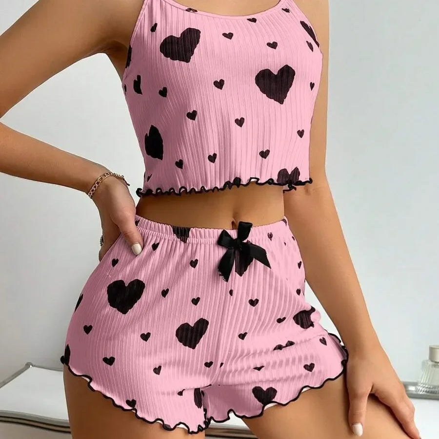 Summer Sleepwear Women 2 Pieces Pajama Set Homewear Heart Print Camisoles and Shorts Sexy Lingerie Nighty Underwear
