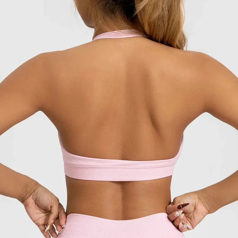 Women's Sexy Backless Yoga Sports Bra Shock-Absorbing Gathered Fitness Bra Beautiful Back Neck Hanging Design