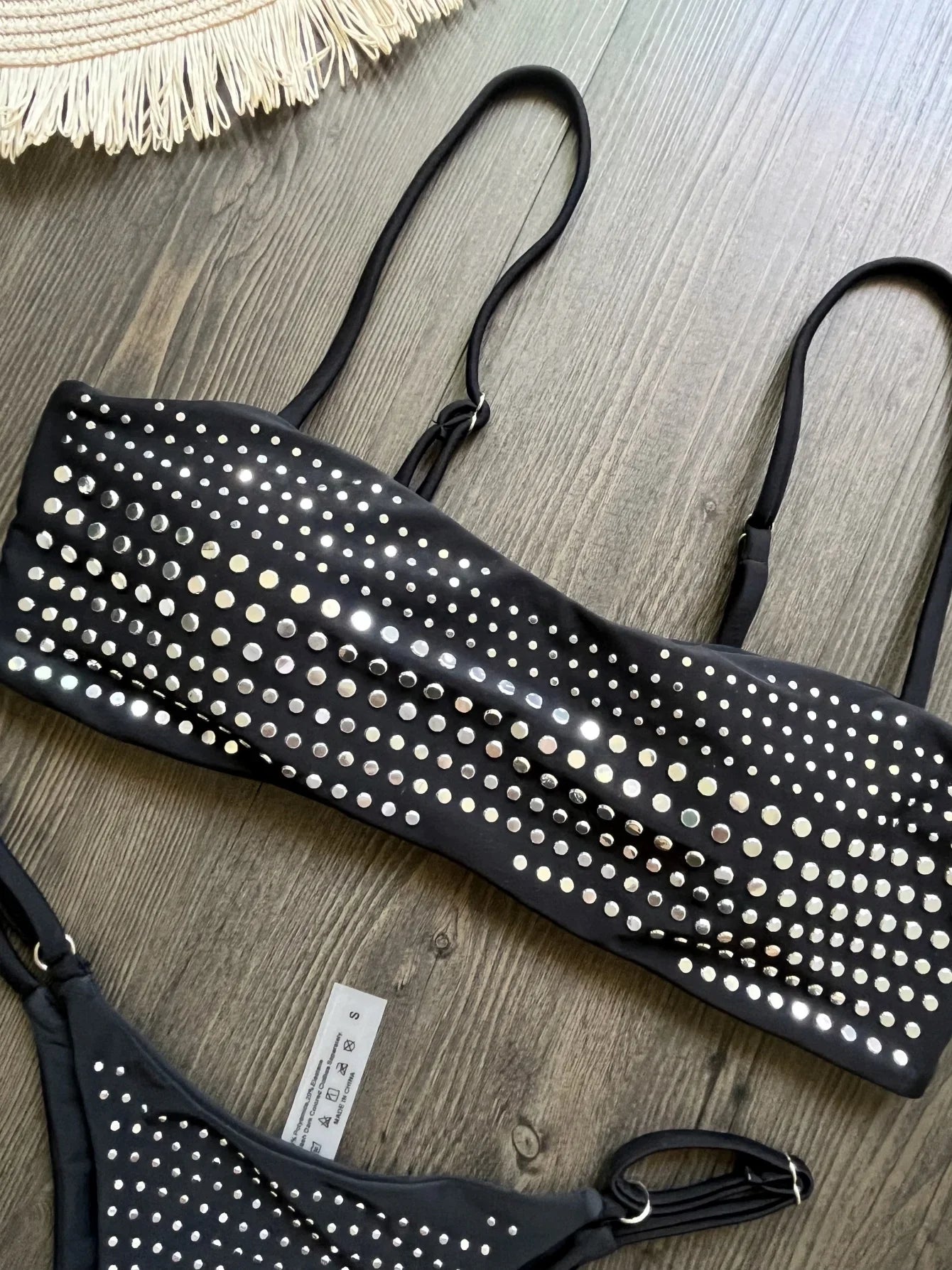 Black rhinestone process bikini sexy thong split swimsuit 2-piece beach set