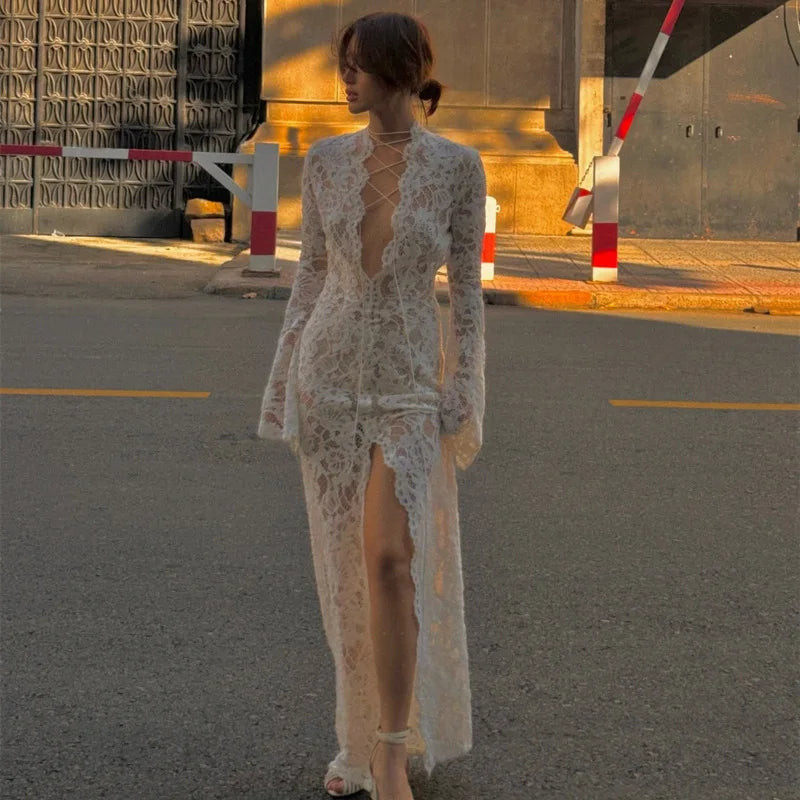 Woman Dress Clothing V-neck White Lace Dress 2025 Vestidos Para Mujer Fall Lace-up High Slit Slim Long  Evening Party Dresses