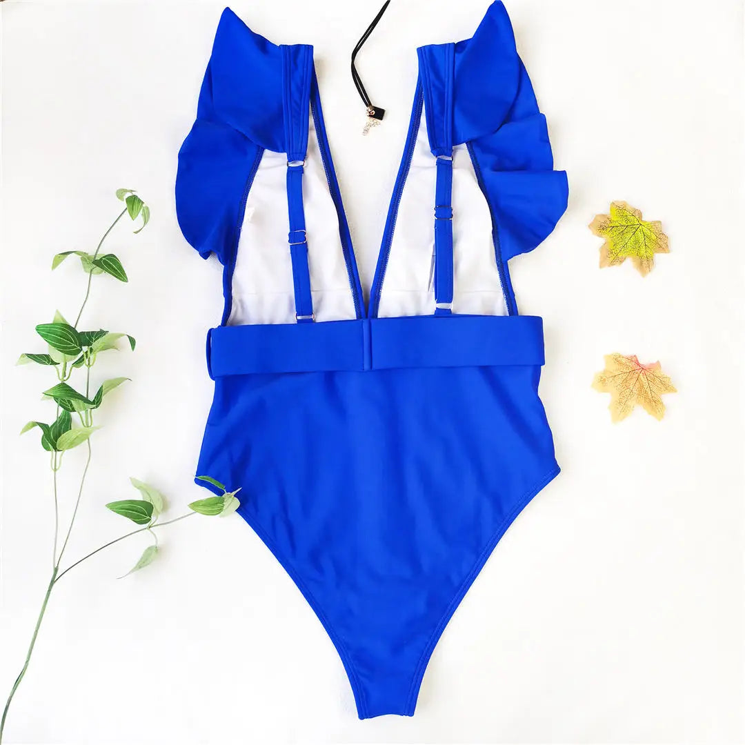New Sexy Ruffled White Deep V One Piece Swimsuit Women Swimwear Female With Belt Monokini Bather Bathing Suit Swim Lady V2198