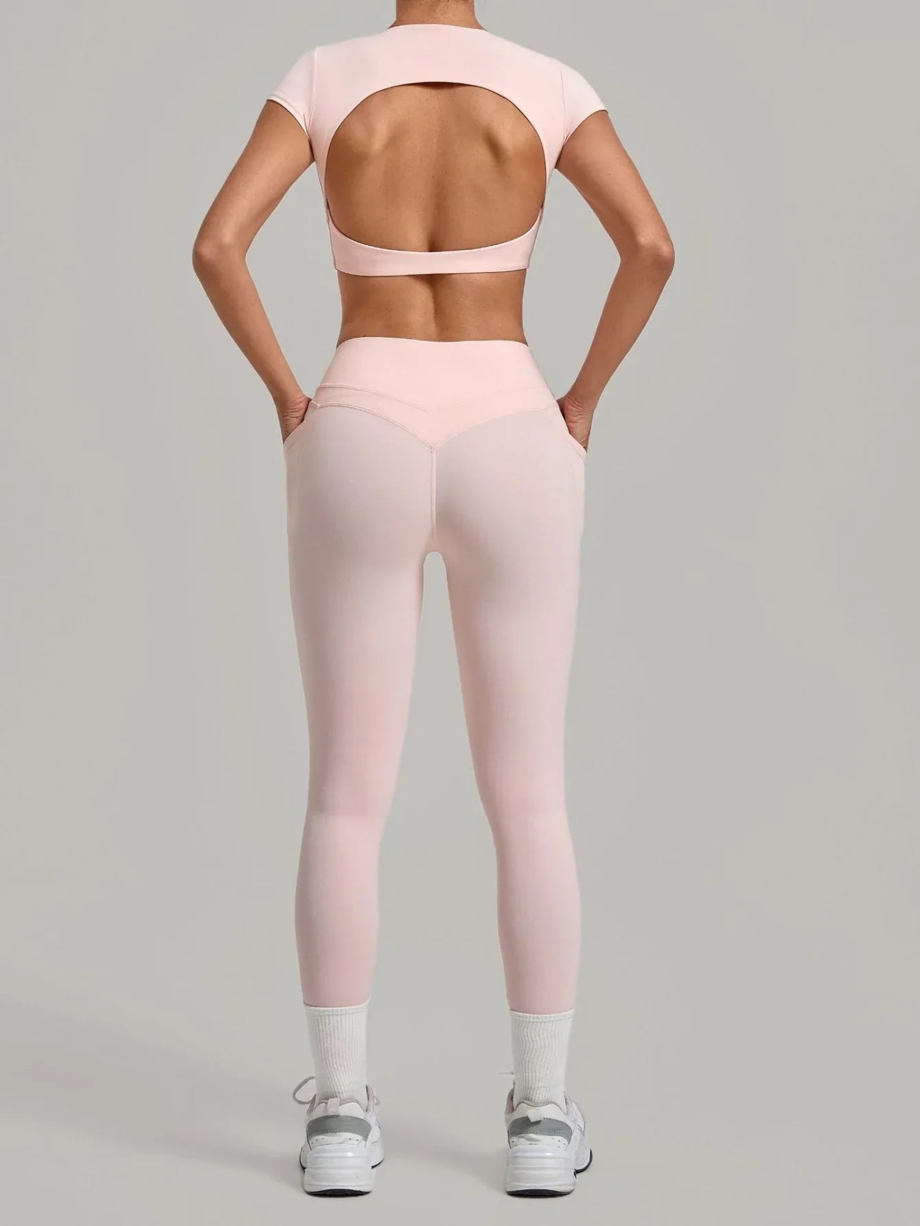 Yoga Set Women's Tracksuit Short Sleeve Back Hollow Out Sports Top Athletic Wear Tight High Waist Pocket Leggings Fitness Suits