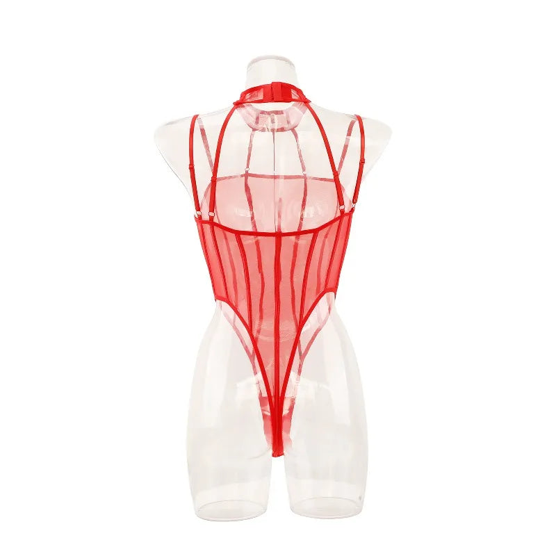 Toucheart Erotic Bodysuit Net Clothes Halter Lace See-through Skinny Backless Sissy Premium HotSeductive Women Coquette Bodysuit