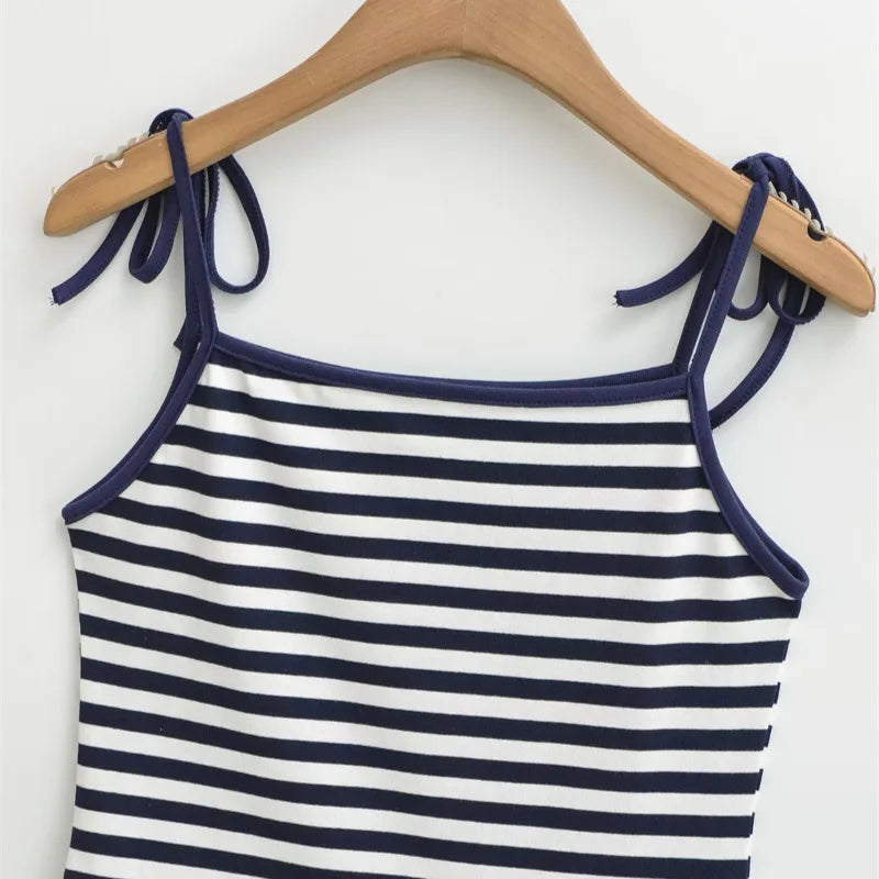 Sweet Double-shoulder Strap Striped Color-block Camisole For Women Unique Design Patchwork Pure Desire Dress Elegant Casual WIKO