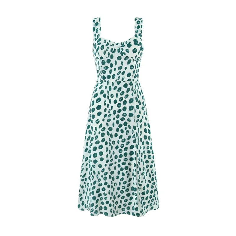 French Style Low-cut Polka Dot Print Camisole Dress For Women Sexy Side Slit Waist-cinching Mid-length Beach Dress Charming WYLB