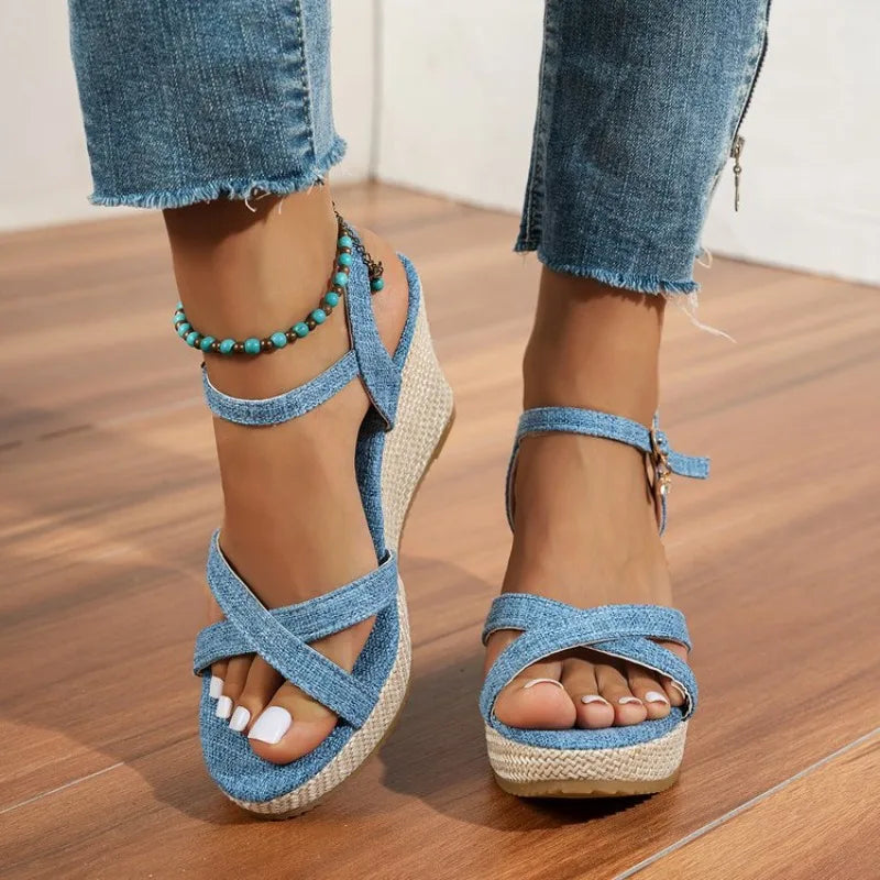 Summer Slope Heel Buckle Open Toe Wedge Ultra High Heel Women's Sandals 2026Fashion One Line Buckle Sandals Women Shoes  Heels
