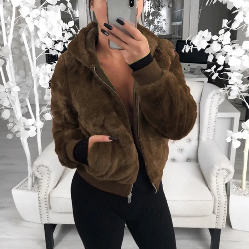 Phantasy Women's Hoodies Women Clothing Streetwear New Style Fashion Hooded Imitation Fur Plush Coat Solid Color Jacket Female