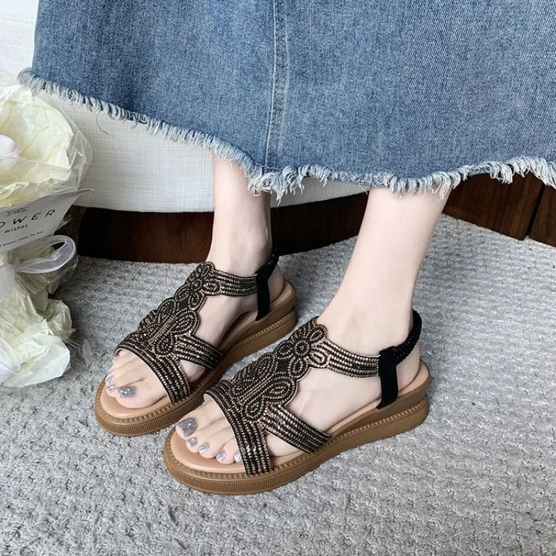 Fashion Women's Sandals Comfortable Women Shoes Rhinestones Wedge Sandals Summer 2026 New Roman Sandals
