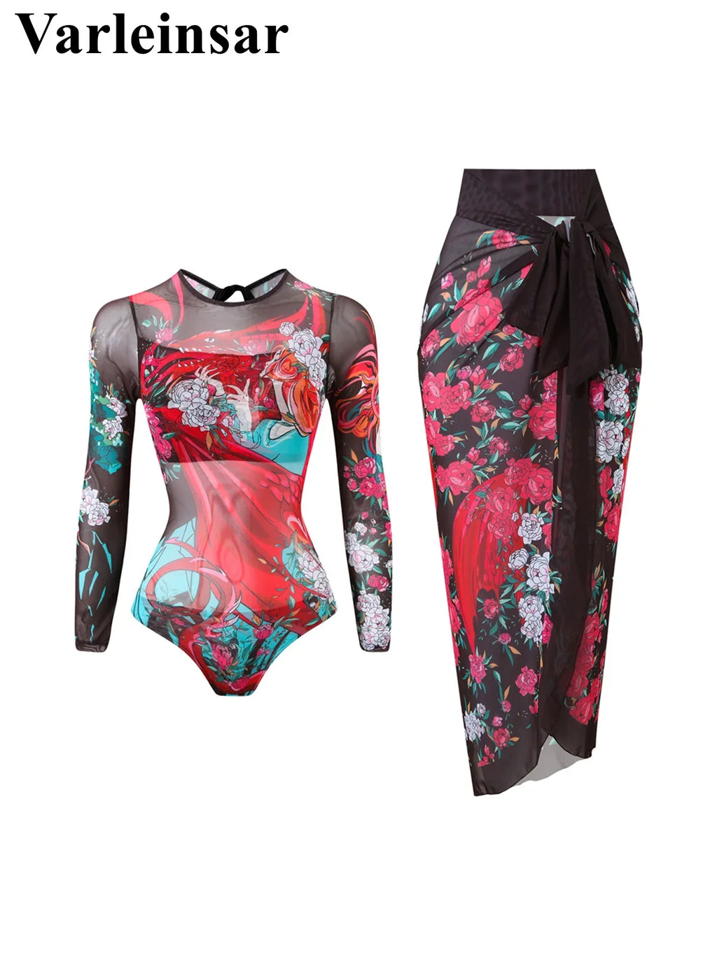 S - XXL Printed Long Sleeve With Sarong One Piece Swimsuit Women Swimwear Female Flowers Padded Bather Bathing Suit Swim V7181