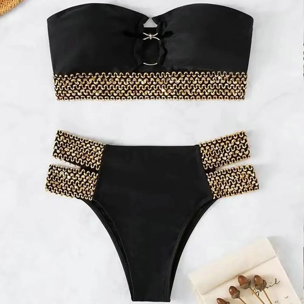2Pcs/Set Women Bikini Set Ring Connection Off Shoulder Bathing Suit Elastic Waistband Backless High Cut Lady Beach Bikini Suit