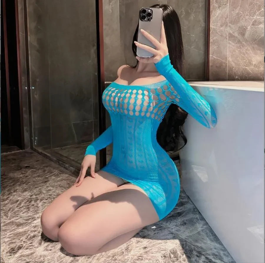Sexy Fishnet Stockings Long Sleeve Mini Skirt Hollow Out Hip Wrap Skirt with Suspender Jacquard for Cross-border Trade