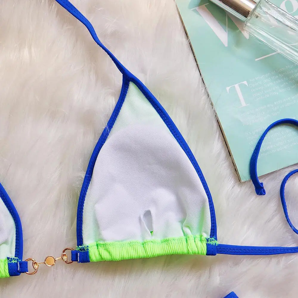 Sexy Halter Pearl Extreme Mini Micro Bikini Female Swimsuit Women Swimwear Two-pieces Bikini set Ribbed Bather Bathing Suit Swim