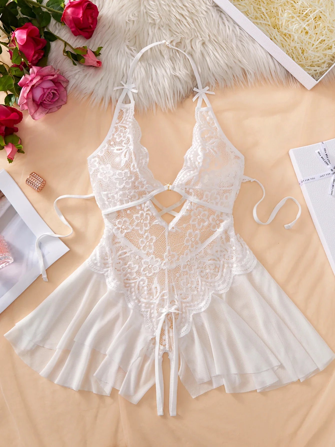 Bodycon Teddy Dress Crotchless Sheer Underwear Set Lace See Through Halter Deep V Sexy Lingerie Sultry Nightwear For Date Night
