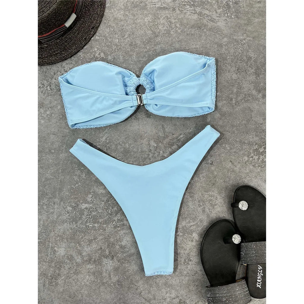 Wrinkled Bandeau High Cut Bikini Women Swimwear Female Swimsuit Two-Pieces Bikini Set Strapless Bather Bathing Suit Swim V3367