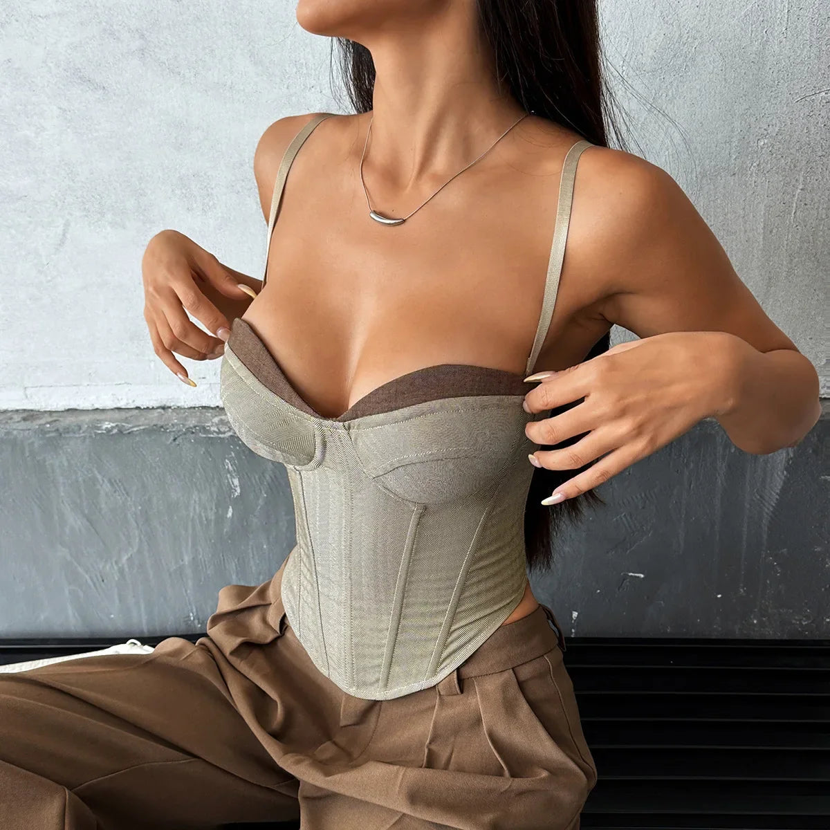 Fashion Retro Gray Splicing Tank Top Women Sexy Patchwork Slim Fit Fishbone Corset Elegant Bustier Hot Girl Party Club Tops Vest