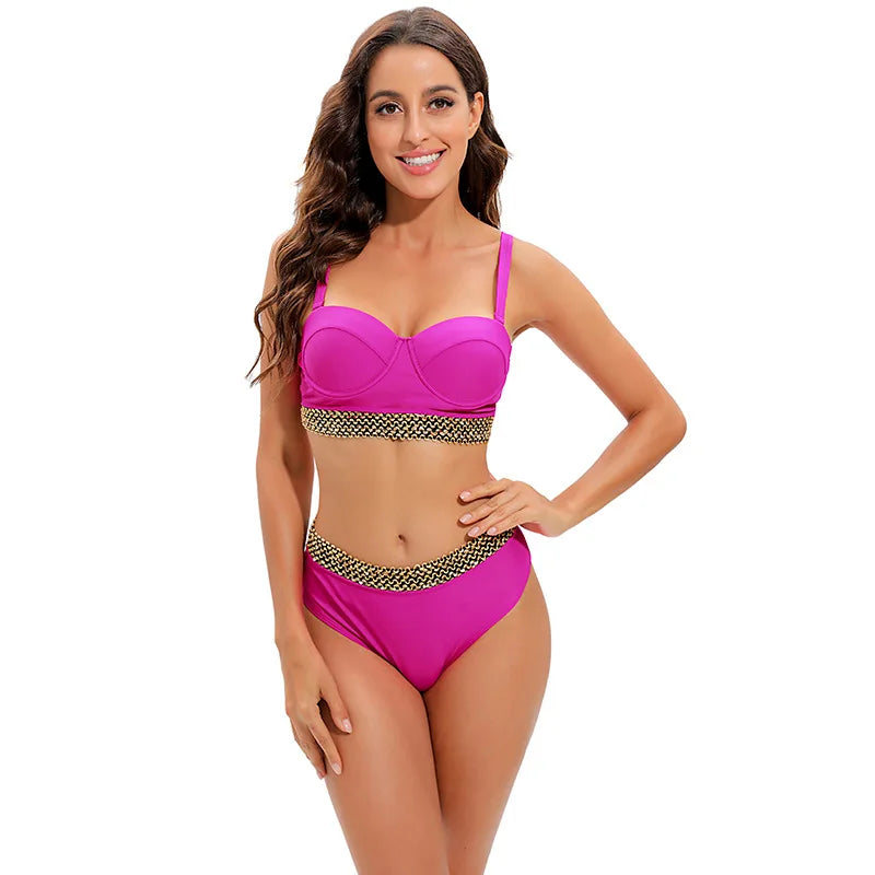 2026 Sexy Bikini Women Push Up Swimwear Swimsuit Gold Wavy Edge Patchwork High Waist Bikinis Set Bathing Suit Biquinis Feminino