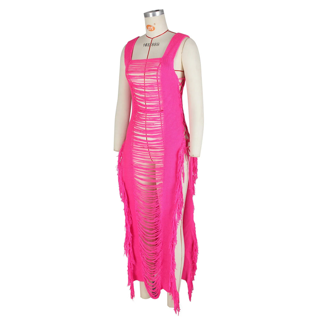DEKA Women Knitted Tassel Beach Bikini Cover Up Backless Crochet Long Beach Dress Swimwear Side Split Hollow Out Sundress
