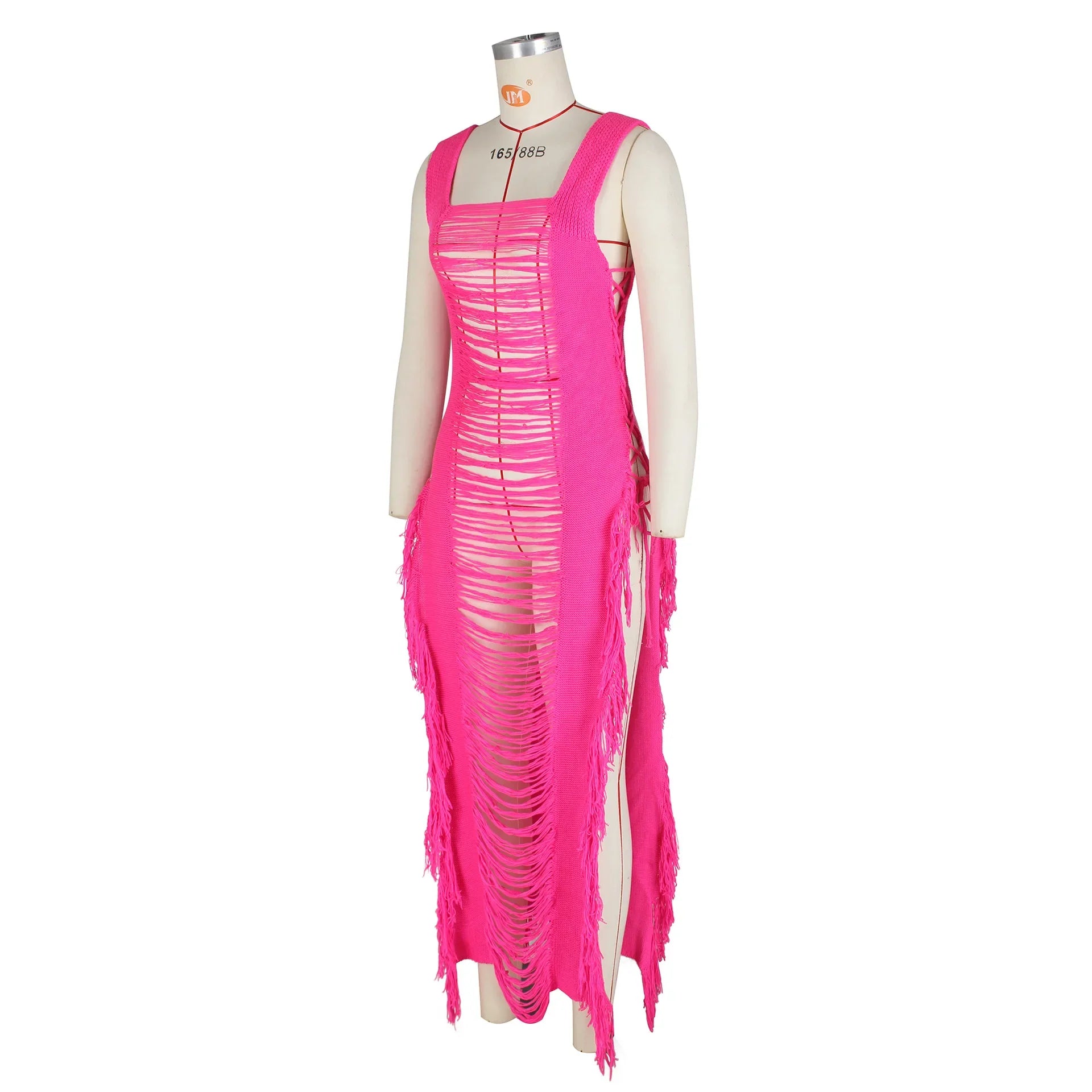 DEKA Women Knitted Tassel Beach Bikini Cover Up Backless Crochet Long Beach Dress Swimwear Side Split Hollow Out Sundress