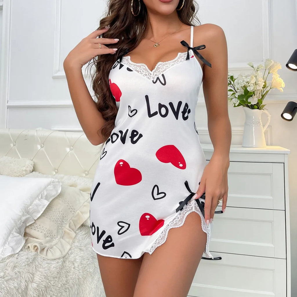 Summer Sleepwear Women Nightgown Sexy Lingerie Love Printed Halter Backless Mini Dress Casual Pajamas Sleepshirts Nighties