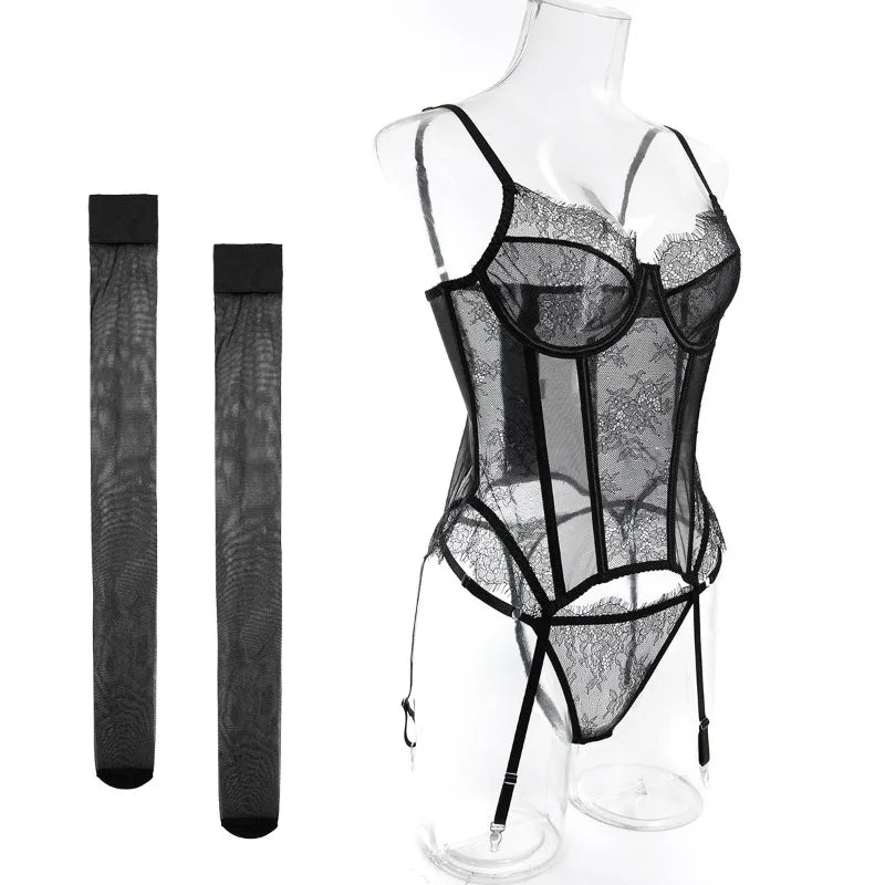 Toucheart Erotic Sexy See-through Lace Sling Women's Fishbone Breast Button Push-up Waist Women Hot Sexy Lingerie with Stockings