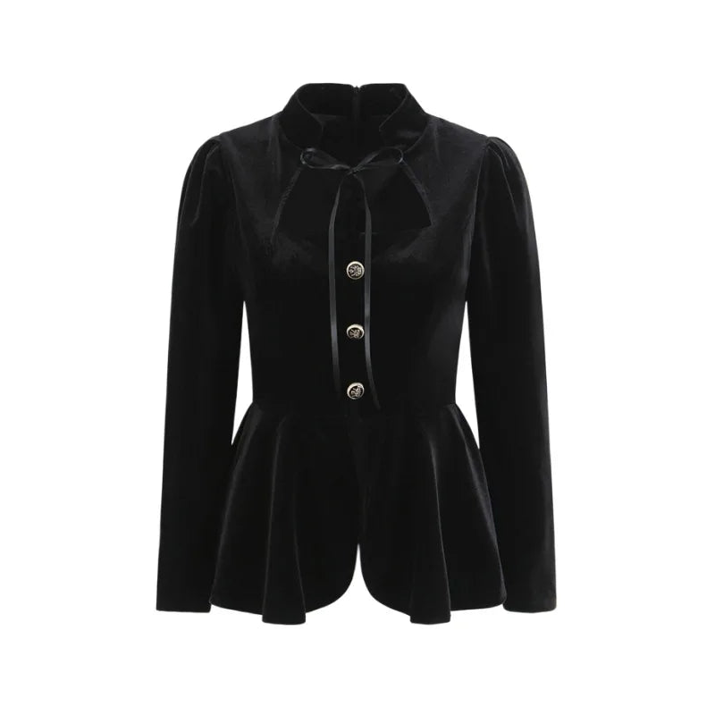 French-style Elegant Stand-up Collar Tie-waist Slim-fit Pleated Long-sleeve Shirt For Women With Waist Lace Cake Skirt QXS5