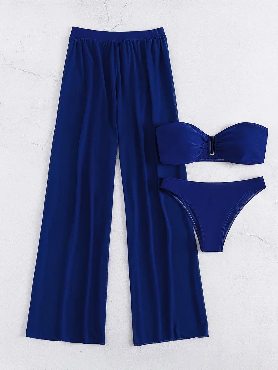 3 Pieces U Wired Bandeau Bikini 2026 Sexy Swimsuit Women & Beach Pants Swimwear Female Beachwear Bathers Bathing Swimming Suit