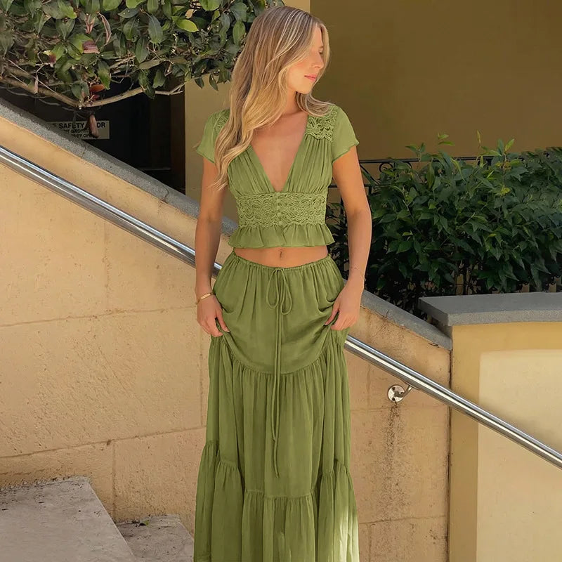 FDYOUI Sexy V-neck Lace Patchwork T-shirt Tops+Long Skirt 2 Piece Set Women's Summer Green Holiday Party Dress Suit Streetwear