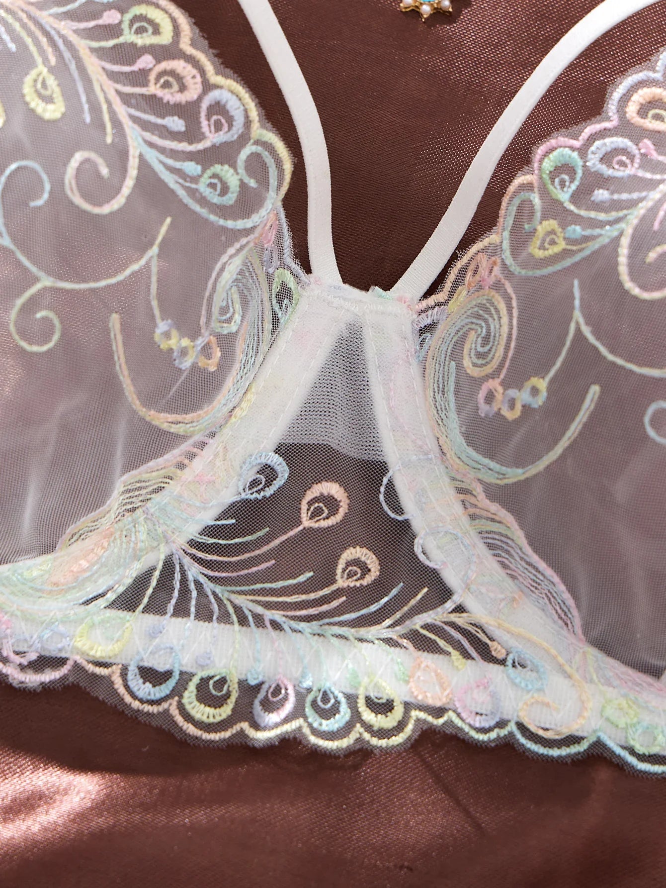 White Iridescent Peacock Feather Embroidered Lace Bra and Panty Set Women Sexy Sheer Mesh Underwear Two Piece