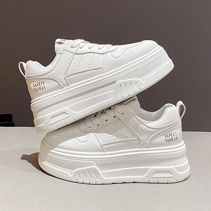 Pu Leather Thick Bottom Sneakers Women 2025 Breathable Platform Vulcanised Shoes Woman Womens All Match Lace Up Casual Sneakers
