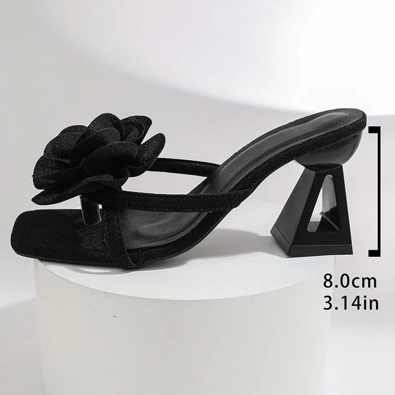Pink Flower Thick Heeled Sandals Women Elegant Square Toe Party Wedding High Heel Shoes Woman Plus Size 43 Summer Sandalias