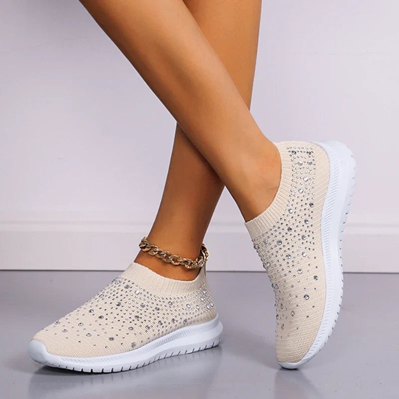 Women's Slip-On Crystal Sneakers 2025 Breathable Mesh Plus Size 35-43 Casual Flats Women Comfort Soft Sole Running Walking Shoes