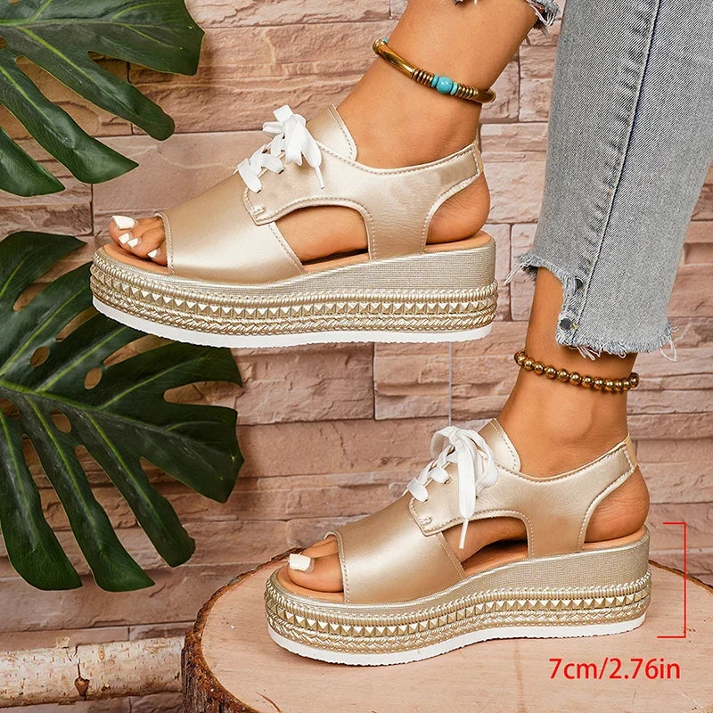 Plus Size Lace Up Chunky Platform Sandals Women 2026 Summer Peep Toe Wedges Sandals Woman Rivets Thick Bottom Gold Sandalias