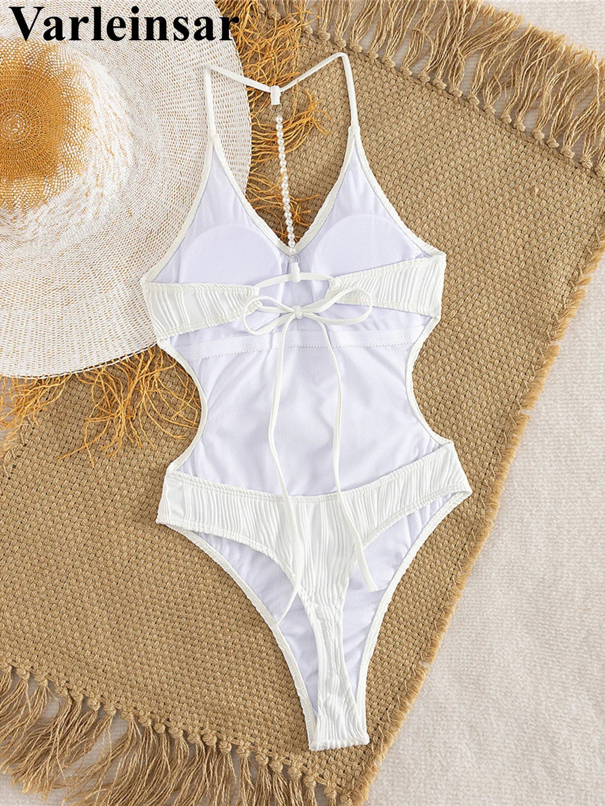 S - XL Sexy Pearls Wrinkled V Neck Women Swimwear One Piece Swimsuit Female Backless High Cut Leg Bather Bathing Suit Swim V7720