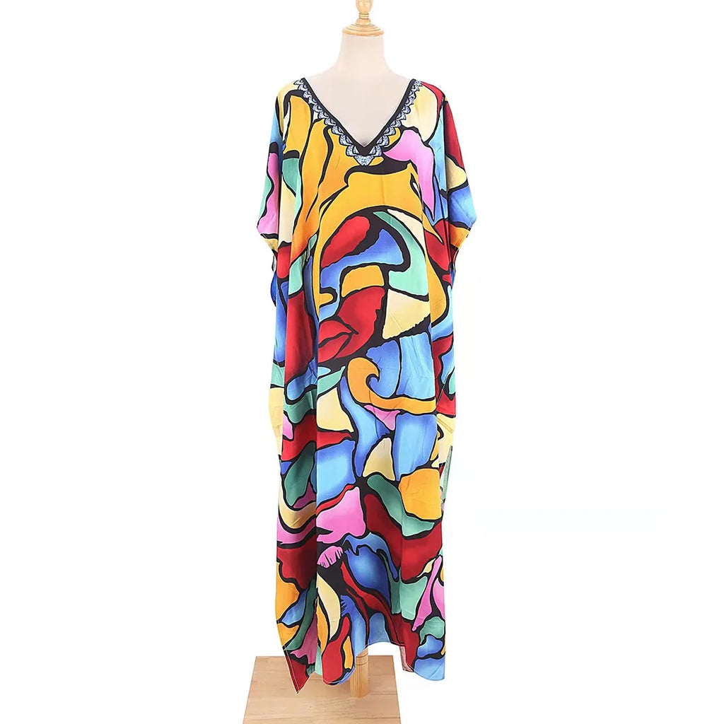 2026 New Colorful Kaftan Tunic Beach Dress Beach Wear Beachwear Beach Cover Up Cover-upsLoose Maxi Dress Female Women V4428
