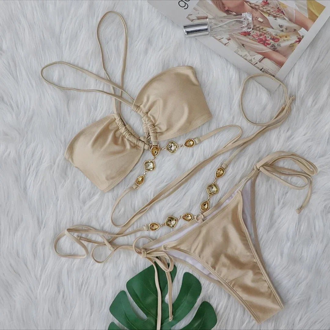 Sexy Diamond Rhinestones Wrap Around Bikini Female Swimsuit Women Swimwear Two-pieces Bikini Set Bather Bathing Suit Swim V5167