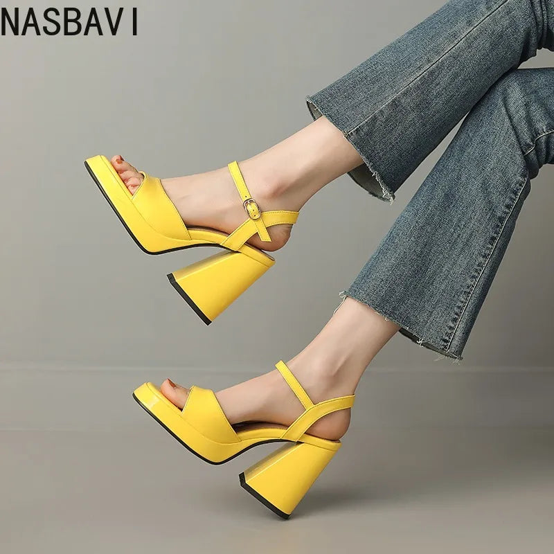NASBAVI Women Patent Leather Sandals Super Chunky High Heeled Ankle Buckle Shoes Platform Summer Thick Heel Sandal Ladies 35-43