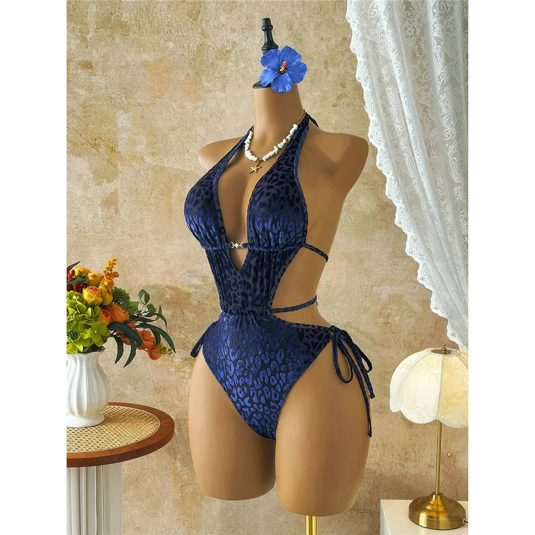 XS - L Deep V Neck Leopard Halter Women Swimwear Cut Out Wrap Around Bather Bathing Suit Swim One Piece Swimsuit Female K8077