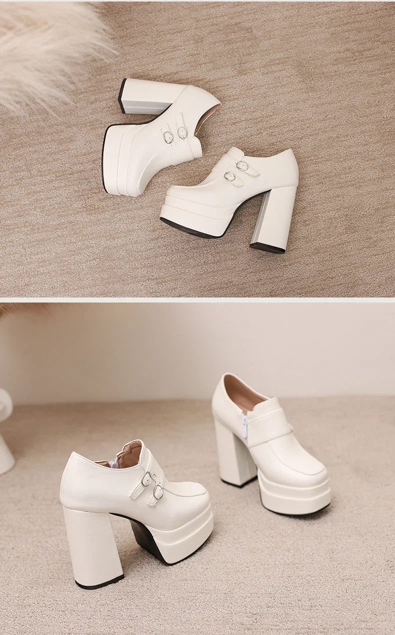Plus Size Double Row Small Buckle Side Zipper Square Toe Double Layer Platform High Thick Heel Women's Pumps Shallow High Heels