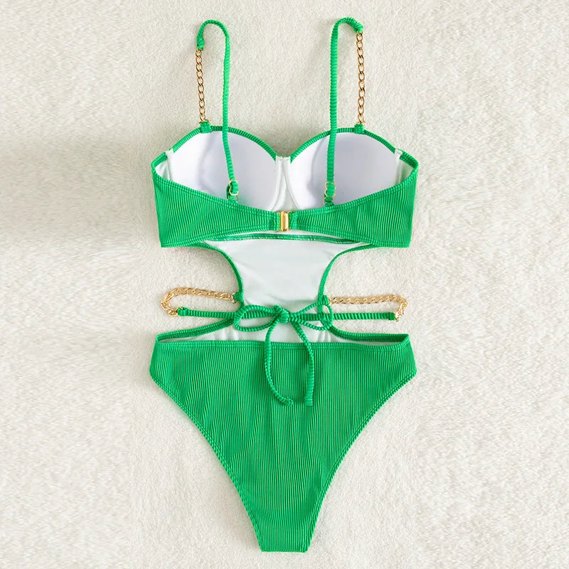 Sexy Push Up Underwire One Piece Swimsuit Women Solid Pink Metal Chain Hollow Out Ribbed Bathing Suit Backless Swimwear Monokini