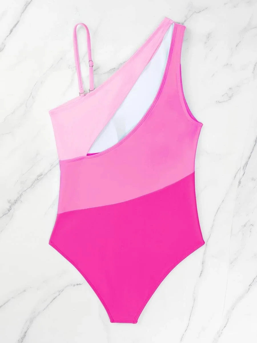 2026 Colorblock Cut Out One Shoulder Swimsuit One Piece Swimwear Women Sexy Bather Bathing Swimming Swim Suit Female Beachwear