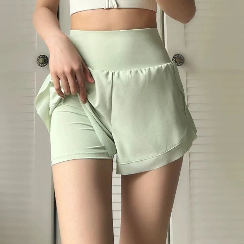 Women's yoga shorts, summer mesh fake two-piece quick drying anti glare fitness high waisted yoga pants