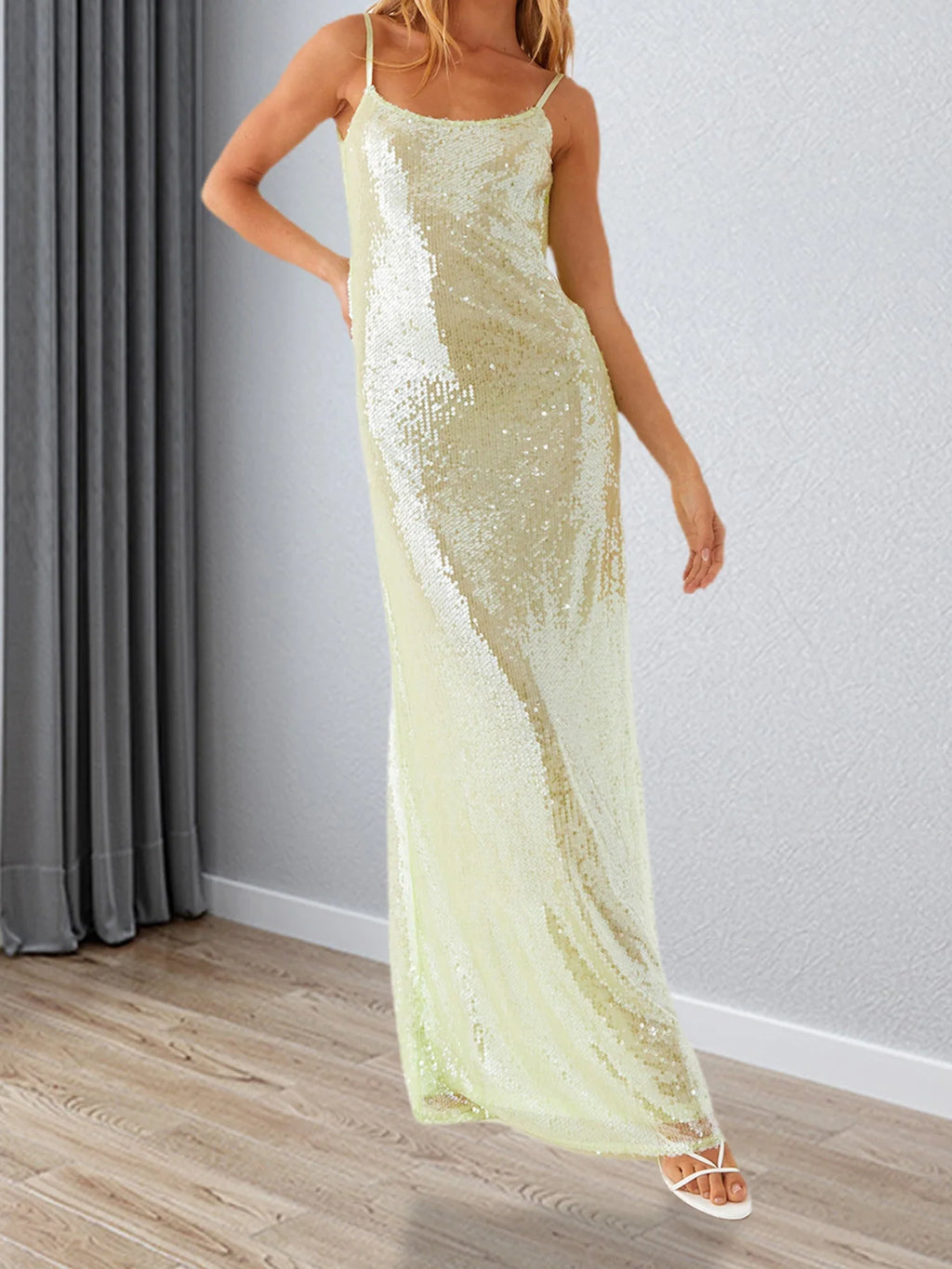 Women Shiny Sequins Dress Summer Draped Backless Spaghetti Strap Party Dress for Vacation Cocktail Beach Streetwear