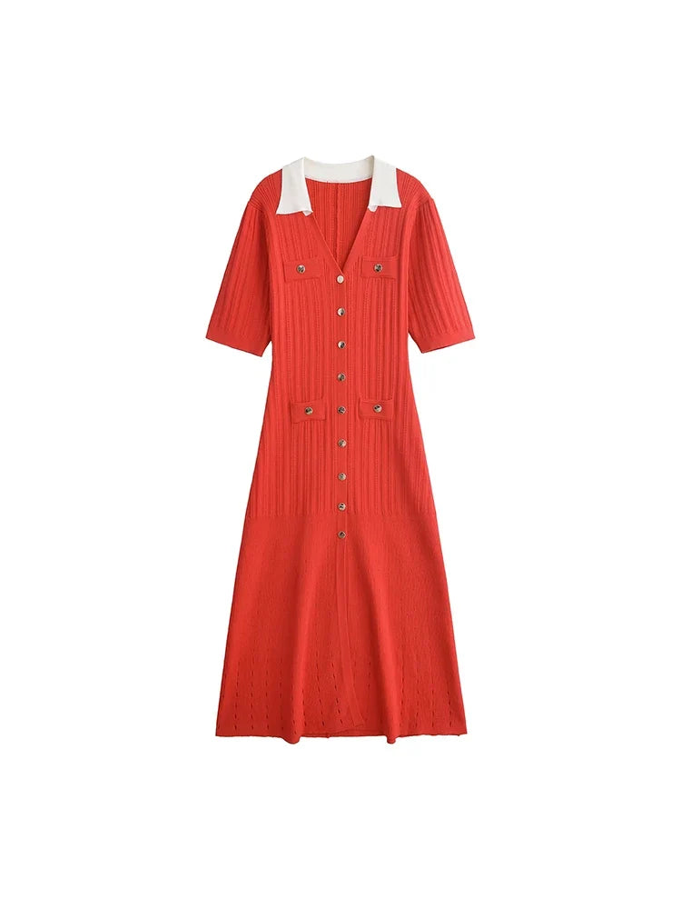 Foridol Red Knitted Polo Dress Autumn Winter Women Dress Casual Elegant Maxi A-line Hollow Out  Dress Slim Christmas Party
