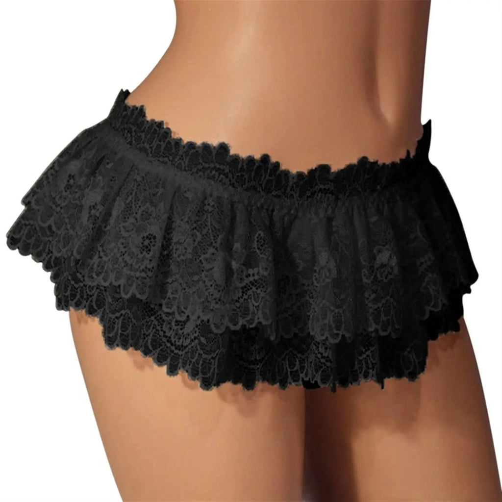 Sexy Crossdress Costume Panty Skirt G-String Thong for Men, Lace Gay Underwear, Mini Bikini Briefs, Ruffled Lace Lingerie