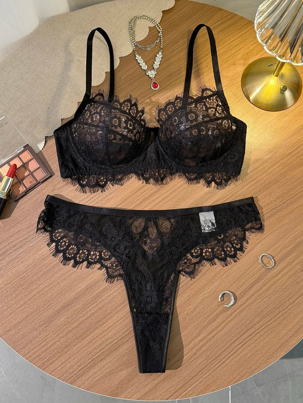 Black Lace Bra and Panty Set – Sexy Sheer Mesh Push-Up Bralette with Scalloped Edges + Thong Lingerie – Romantic Valentine’s Day