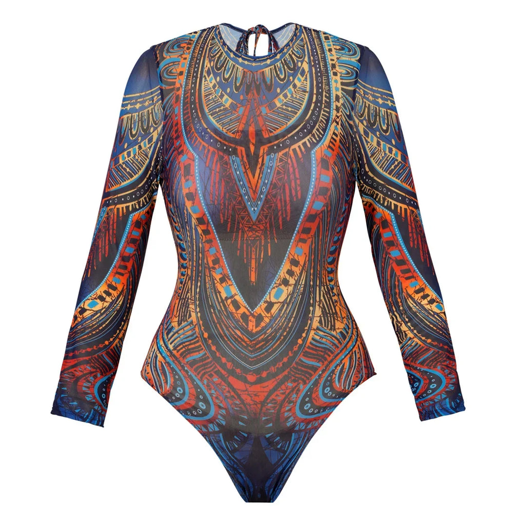 XS - XXL Printed Long Sleeve With Sarong Women Swimwear One Piece Swimsuit Female High Leg Cut Bather Bathing Suit Swim V7136