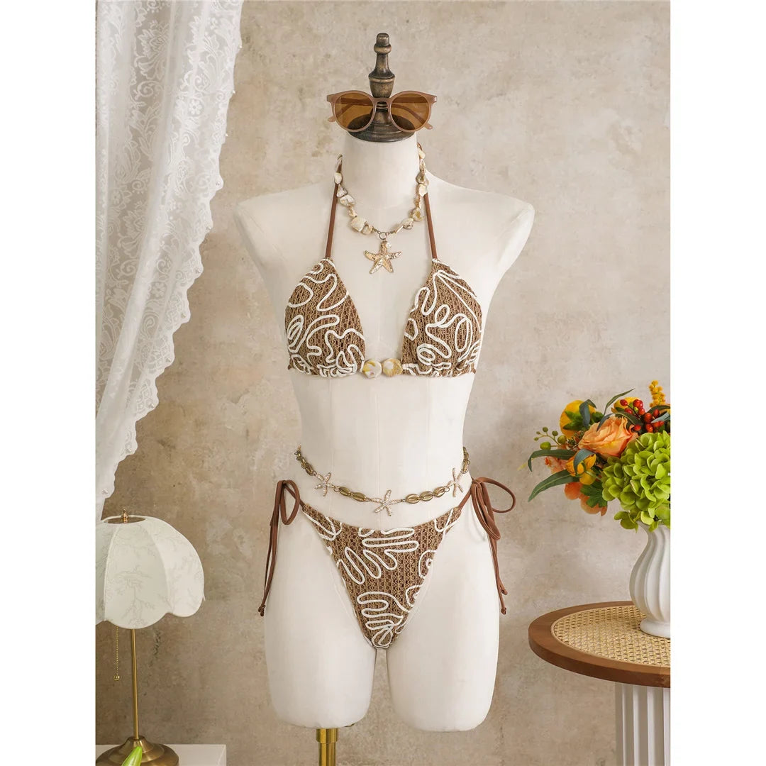 With Sarong Halter Printed Bikini Women Swimwear Female Swimsuit Padded Bather Bathing Suit Swim Three-pieces Bikini set K8073