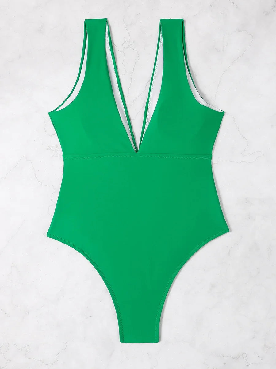2026 V Neck Solid Bodysuit One Piece Swimsuit Sexy Swimwear Women Bathing Suit Female Swimming Summer Beachwear Bodysuit