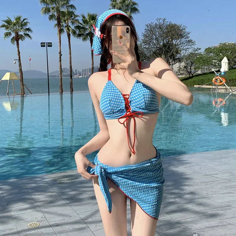 Cut Blue Plaid Patchwork Bikini Set 2026 Women Drawstring Push Up Bra Skirts Bands 4 Piece Swimsuit Beach Bathing Suit Swimwear